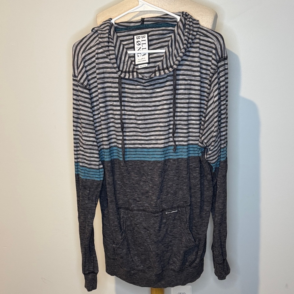Billabong Men's Gray and Blue Striped Hoodie Sweater